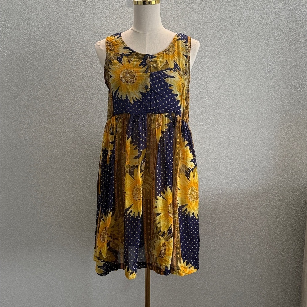 Phases Sunflower Polkadot Print Sleeveless 100% Cotton Dress Size Medium